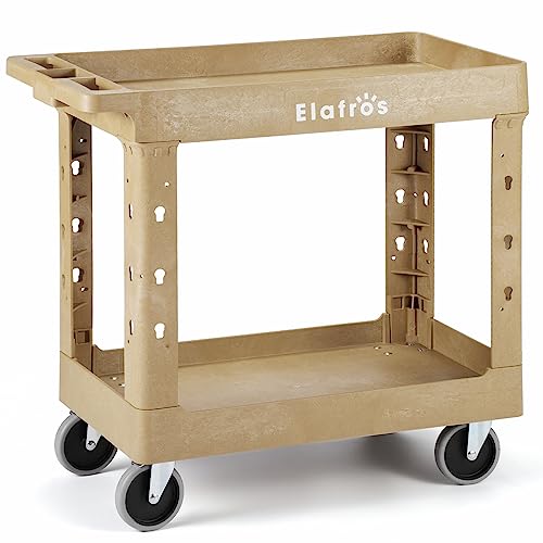 Image of ELAFROS 2-Tier Heavy Duty Utility Rolling Cart, 34 x 17 in, 5 inch Wheels, Sand