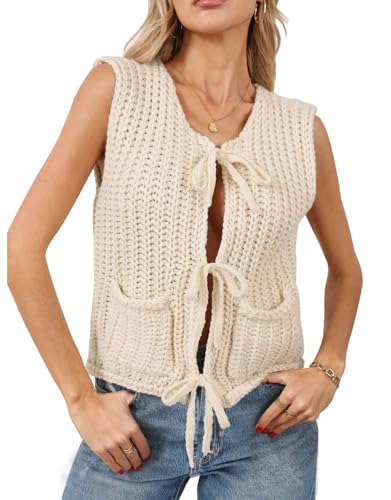 Image of Trendy Cardigan Sweater Vest Crochet Knit Top Sleeveless Bows with Pockets