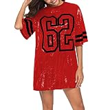 Nagfar Women Sequin Football Jersey Dress Birthday Party Short Sleeve Sports Casual Dress Sexy Club Night Out Clubwear(S1666,Red,XXL)