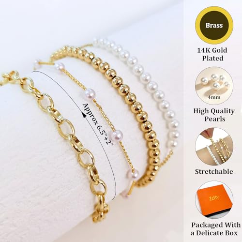 Zeffy Gold Pearl Beaded Bracelet for Women, 14K Gold Plated Jewelry Set With Paperclip Link Chain, Trendy Stack Bracelets3