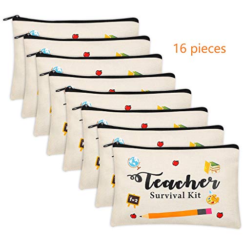 Kolewo4ever 16 Pieces Teacher Appreciation Gift bags Makeup Pouch Canvas Cosmetic Bag Travel Toiletry Case with Zipper for Teacher Gifts - Image 3