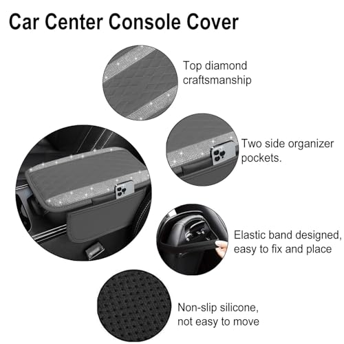 image for NBTEPEM Bling Gray Car Center Console Cover, Leather Car Arm Rest Cove