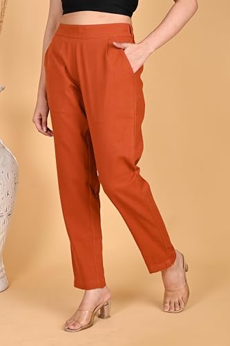 Image of Women's Solid Straight Fit 100% Cotton Trousers | High Waist, Side Pockets, Ankle Length Pants for Office, Casual