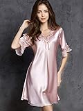 DAOD Sexy Nachthemd Für Damen,Rosa Seidensatin Nachtwäsche Halbarm Satin Nachthemd Kimono Rückenfreie Schlafhemden Lose Leibchen Babydoll Bademantel Für In Flitterwochen Home Kleidung, S.