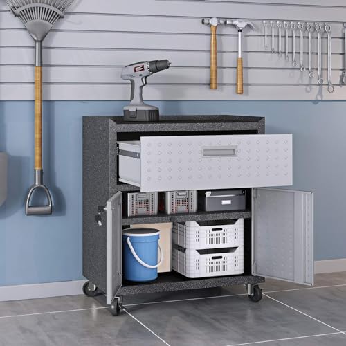 Image of Manhattan Comfort Fortress Textured Metal 31.5 inch Garage Mobile Cabinet with 1 Full Extension Drawer and 2 Adjustable Shelves, Black /Gray