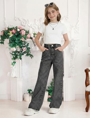 Image of Jeans for Girls Baggy Wide Leg Cute Bow High Elastic Waisted Denim Pants Y2K Boyfriend Skater Streetwear 7-14Y