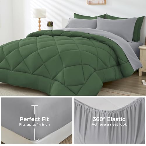HEVUMYI Cali-King Comforter Set - 7-Piece All Season Bed in a Bag Cali-King, Ultra Soft Bedding Set with Comforter, Flat Sheet, Fitted Sheet, Pillowcases, Pillow Shams, Green & Light Grey