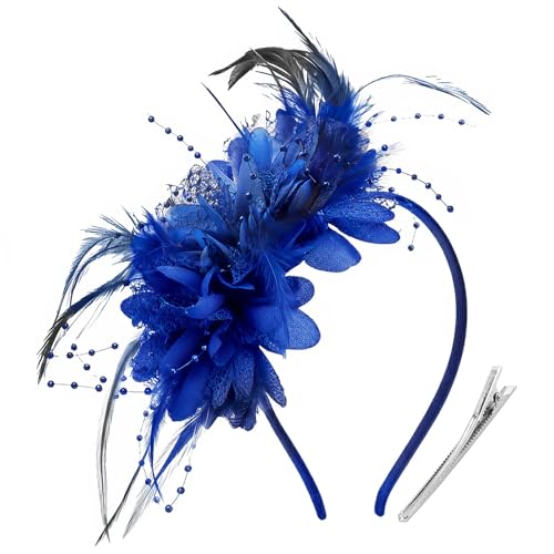 Image of DRESHOW Womens Fascinators Hats Tea Party Hats for Women Pearl Lace Feather Hat Vintage Derby Hats for Wedding Cocktail