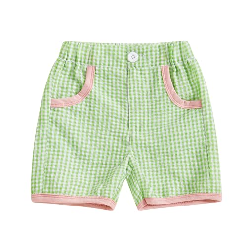 Toddler Baby Boy Gingham Shorts Vintage Plaid Print Linen Boxer Shorts with Pockets Infant Summer Checkered Biker Shorts (Green, 6-12 Months)