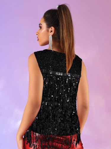 Asooll Fringe Sequin Vest Black Sparkly Jacket for Women3
