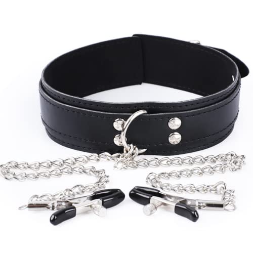 Coleira Com Correntes Harnes e Prendedor Mamilos Couro Preto