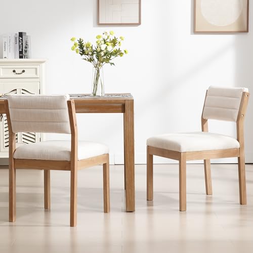 Image of RIVOVA Linen Dining Chairs Set of 2, Comfortable Upholstered Kitchen Chairs with Wood Legs, Mid Century Modern Kitchen Chairs Accent Side Chairs for Living, Bedroom, Restaurant, Beige