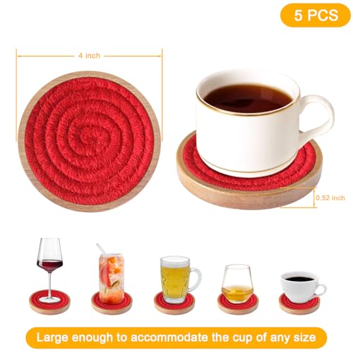 Eykao Coasters for Drinks Absorbent Sets of 5, Woven Coasters with Holder, Housewarming Gift for Farmhouse Home Decor, 4 inches (Red)