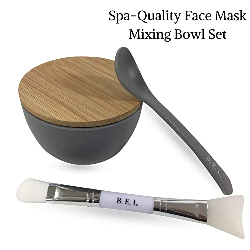 Clay Face Mask Mixing Bowl Set- Kit With Bamboo Lid, Spoon, Dual Sided Face Mask Brush Applicator Soft Silicone Spatula And Face Mask Brush For Diy Clay Mud Mask, Facials, Body And Hair (Grey) #TOP3