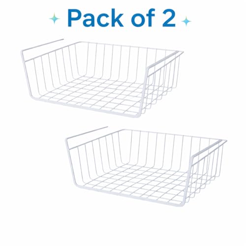 Image of DecorTwist 16 Inch Under Shelf Storage Basket - Heavy Duty Metal Undershelf Organizer for Kitchen Cabinet, Wardrobe & Pantry | No Drill Slide-In Under Cabinet Wire Rack (White) Pack of 2