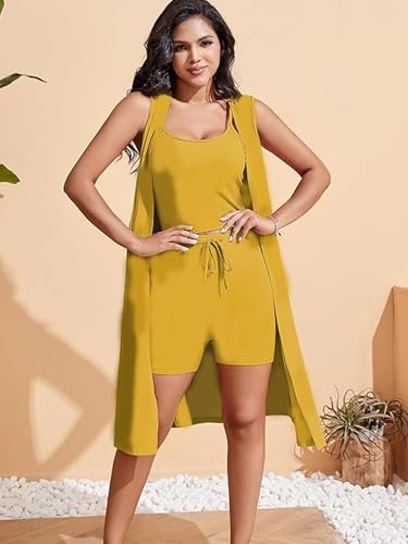 Womens Shorts Set 3 Piece Lounge Outfits Set Ribbed Long Cardigan Crop Tank Casual Sets — view 3