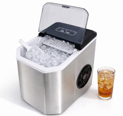 Angel Canada Machine à glace de comptoir, machine en acier inoxydable portable avec porte-scoop, auto-nettoyage, 26Lbs dans 24Hrs, 9 Cubes en 6 Mins, 2 Tailles des cubes de glace Bullet pour le bureau intérieur Camping nautique RV