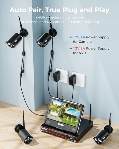 Image of Hiseeu Home Security Camera System, 24 /7 Recording Wired Plug-in Powered 4Pcs 5MP Outdoor Cameras, 10.1 inch LCD 16CH 8MP NVR&Monitor, One-Way Audio, Motion Detection, 1TB HDD, 2.4G /5G Wireless WiFi Pro