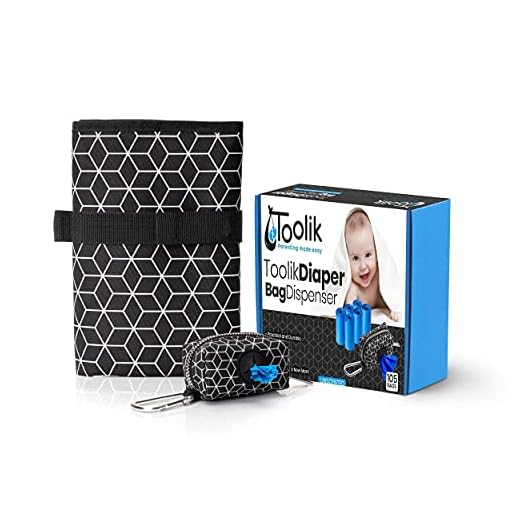 Toolik Baby Diaper Changing Pad X-Large Waterproof Mat and Diaper Bag Dispenser with 105 Disposable Unscented Waste bags (7 Refill Rolls) for Baby and Toddler Poop or Dirty Clothes, Bundle
