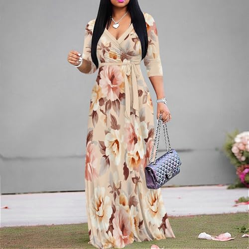 PinkPatty Women's Plus Size Maxi Dresses 3/4 Sleeves Bohemian Long Dress Printed Swing Dress with Belt4