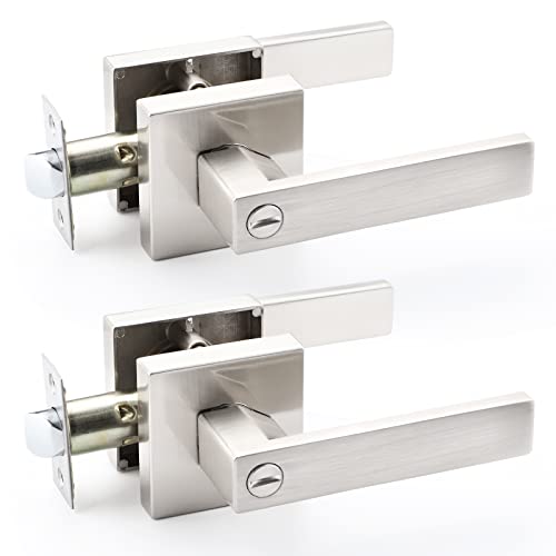 E-Home Hardware Brushed Nickel Finish Door Handles For Bedroom Bathroom, Heavy Duty Keyless Privacy Interior Door Knobs Locked Inside In Contemporary Style, Fully Reversible, Pack Of 2 #TOP5