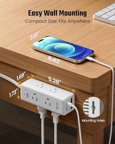 10 Ft Extension Cord, Surge Protector Power Bar with 6 Outlets & 4USB Ports (2 USB 2 C), Mountable Flat Plug Power Strip, Surge Protection for Home, Office, Dorm image 2