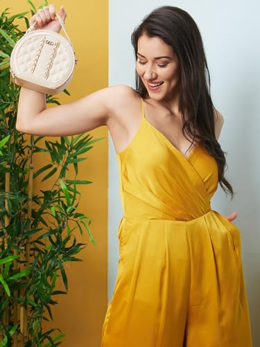 Image of Globus Women Yellow Solid Wrap V-Neck Jumpsuit-3640450001
