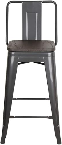 Miniatura 5 de GIA Silla taburete de metal con respaldo medio de 24 pulgadas de altura de mostrador con asiento de madera oscura, gris pistola