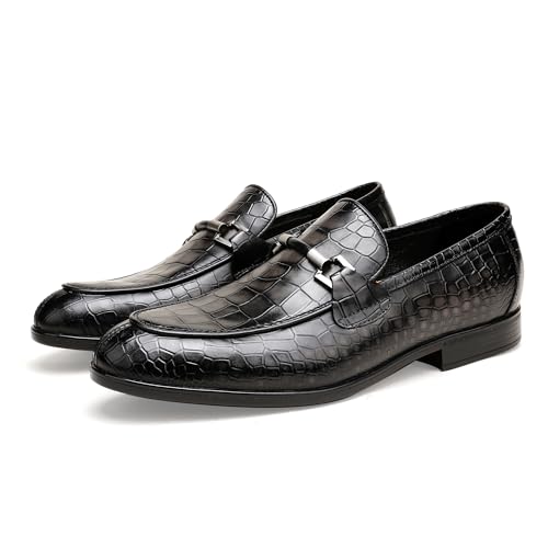 Image of Mens Leather Penny Loafers, Classic Crocodile Printed Business Dress Shoes with Metal Buckle Slip on Penny Shoes for Mens