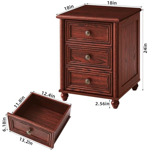 18" Farmhouse Night Stand Set of 2, Red Oak Wood Nightstand with 3 Drawers, Bedside End Table with Storage and Roman Column, Bed Side Tables Cabinet for Bedroom, Living Room, and Closet