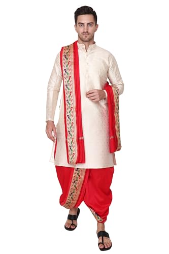 Image of Rameshwaram Fabrics Men's Sherwani Style Dhoti Kurta Set with Angavastram | Traditional Indian Groom Dress | Ethnic Kurta Set for Wedding, Engagement, Festival