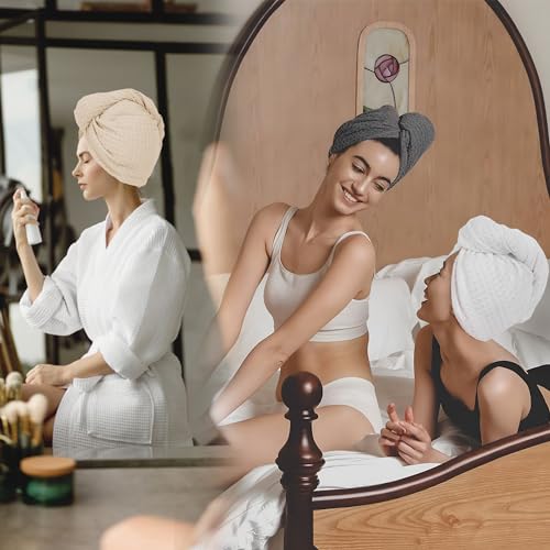 Toalha de secagem de cabelo de microfibra com botão 1 pacote de waffle cáqui envoltório de cabeça de