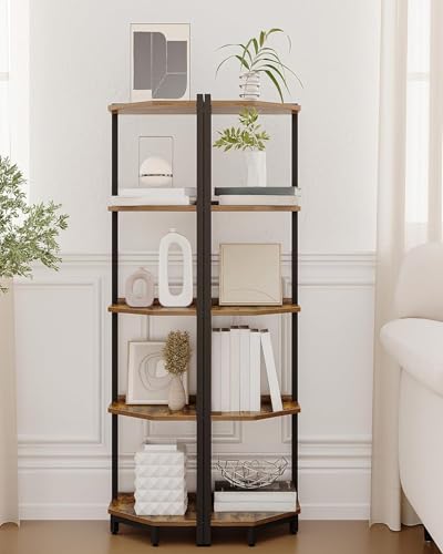 Corner Shelf Stand, Corner Bookshelf, Storage Standing Shelf Unit with Metal Frame, Plant Stand, Bookcase for Living Room, Home Office, Bedroom, 5-Tier Rustic Brown CS05901B - Image 5