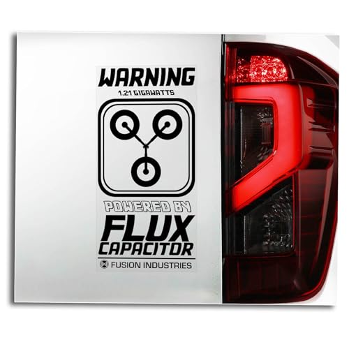 'Powered by FLUX CAPACITOR' Car Sticker, Window Decal Sign Back to Future DMC Delorean Fan Gift -V4BW (External - Black Print)