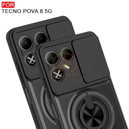 Image of Tecno Pova 8 5G Back Cover | Armor Camera Slider 360 Degree Rotating Finger Ring Holder Case with Bracket Stand Back Case Cover (Compatible with MagSafe Accessories) (Black)
