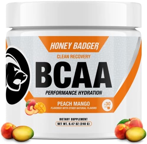 Honey Badger BCAA Amino Acids Electrolytes Powder, Keto, Vegan, Sugar Free BCAAs + EAA with L-Glutamine for Men & Women, Hydration & Post Workout Muscle Recovery Drink Mix, Peach Mango, 30 Servings