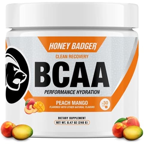Honey Badger BCAA + EAA Amino Acids Electrolytes Powder, BCAAs + L-Glutamine, Keto, Vegan, Sugar Free for Men & Women, Hydration & Post Workout Muscle Recovery Drink Mix, Peach Mango, 30 Servings Cover