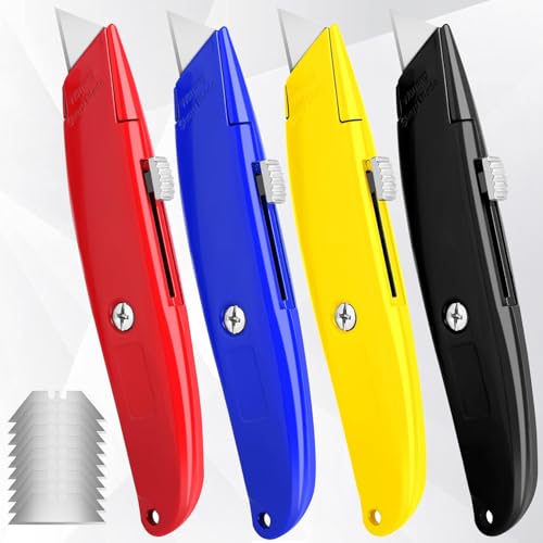 4 Pack Utility Knives with 10 Extra SK5 Blades - Heavy-Duty Retractable Box Cutters for Cardboard Carpet Cartons and Home Improvement Tasks