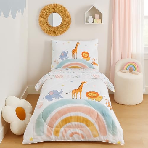 Image of Toddler Bedding Set, 4 Pieces Toddler Comforter Set for Girls Boys Kids, Ultra Soft Toddler Bed Sheets Set in a Bag, Includes Comforter, Fitted Sheet, Flat Sheet, Pillowcase, Rainbow Animal