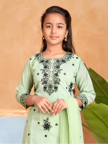 Image of Aarika Girls Ethnic Wear Sea Green Colour Thread Sequin Embroidery Kurti Pant Set With Dupatta