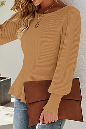 Image of Womens Fall Puff Sleeve Peplum Casual Slim Fit Knit Pullover Sweater Jumper Tops