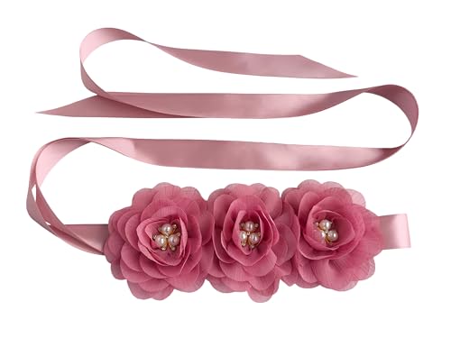Dusty Pink Sash Belt for Girls,Flower Girl Sash Belt for Dresses,Chiffon Pearls Bridesmaid Dress Sash Belts