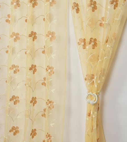 Image of Homefab India Embroidery Floral Net Transparent Sheer Curtain - 7X4 Feet, Door Curtains, Beige, Pack of 1 Pc