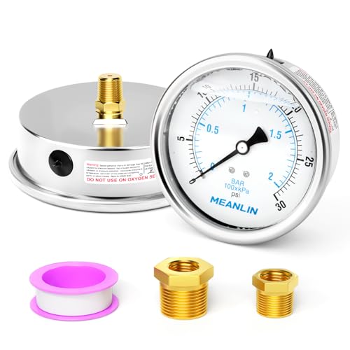 MEANLIN MEASURE 0~30Psi Stainless Steel 1/4" NPT 4" FACE DIAL Liquid Filled Pressure Gauge WOG Water Oil Air Back Mount, with 1/2" NPT and 3/8" NPT Hex Bushing