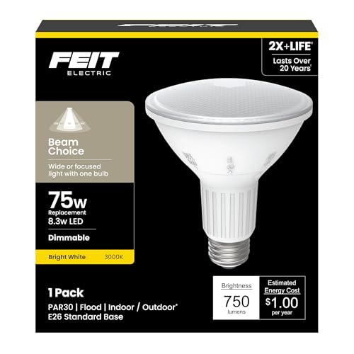 Feit Electric PAR30L 75W Equivalent LED Light Bulb, Dimmable, 3000K Bright White, 750 Lumens, 8 Year Lifetime, E26 Base, CRI 90, UL/CUL Listed, Long Beam Choice Reflector - PAR30L/ADJ/930CA