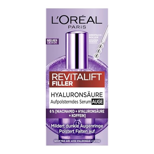 L'Oréal Paris Sérum para ojos con 1,5% de ácido hialurónico y 1% de cafeína para un área radiante de los ojos, con aplicador de bola de refrigeración, suero para ojos Revitalift Filler, 1 x 20 ml