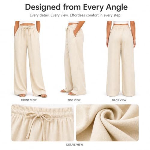 Image of Women Linen Wide Leg Pants High Waist Drawstring Elastic Waist Trousers Breathable Lightweight Summer Palazzo Pants Casual Travel Lounge Wear with Pockets