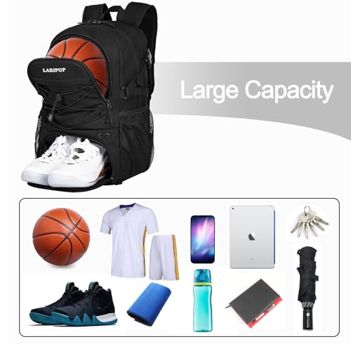 image for LARIPOP Basketball Bag Backpack with Ball Holder Shoes Compartment, El