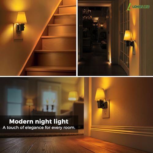 Image of L LOHAS LED Night Lights Plug into Wall, 2 Pack Linen Fabric Round Platform Decor Night Light, Dusk to Dawn Sensor Vintage Nightlight, Amber Warm 0-100LM Dimmable, for Bedroom Living Room Hallway