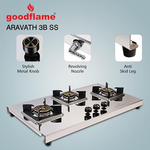 Image of goodflame Aravath 3 Burner Stainless Steel Gas Stove for Kitchen | Heavy 2MM SS Body | Brass Burners | 2 Year Warranty | ISI Certified | Manual Ignition | LPG Ready and PNG Compatible, (Silver)